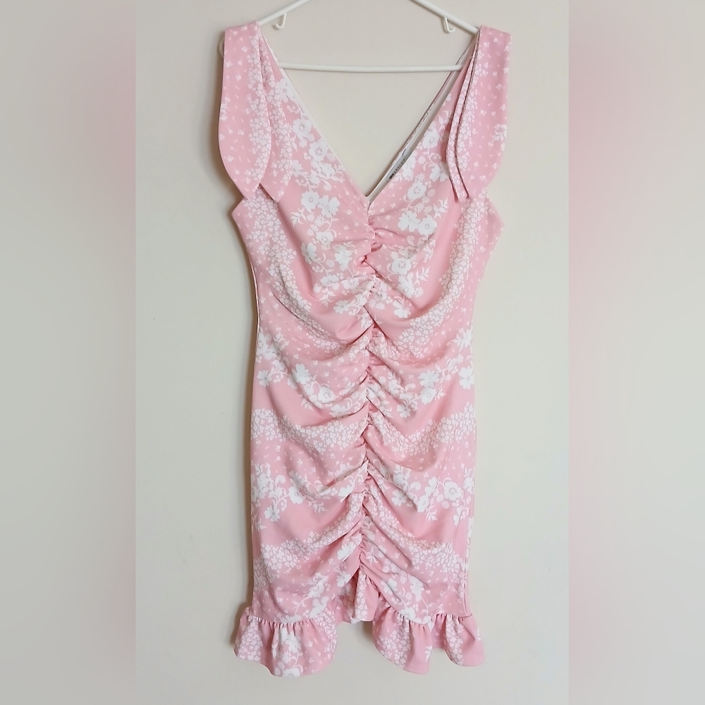 ASOS Pink and White Floral Sleeveless Ruched Ruffle Hem Dress